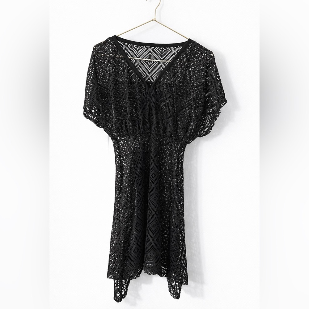 Black Crochet Lace Swim Cover Up Dress Tie Front